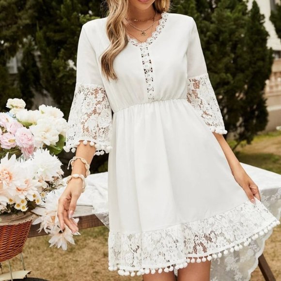 Shabby Chic Lace Pompom Trim Trumpet Sleeve Ruffle Hem Dress white - Picture 4 of 6